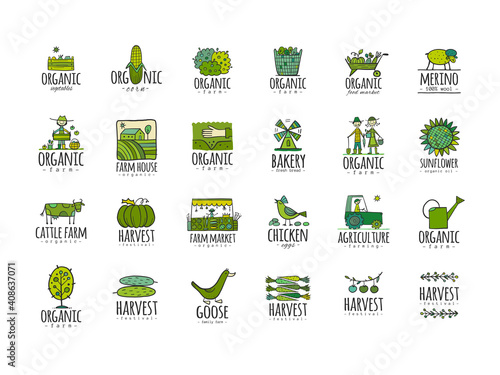 Organic Farm Icons For your Design. Harvest Festival. Agriculture collection. Organic farming eco concept. Fresh products, locally grown and organic food. Farmer's Market.