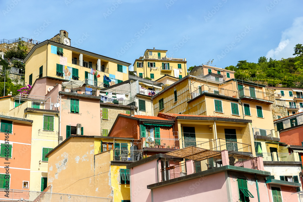 Riomaggiore, Italy. Beautiful architecture of small mediterranean village Riomaggiore.