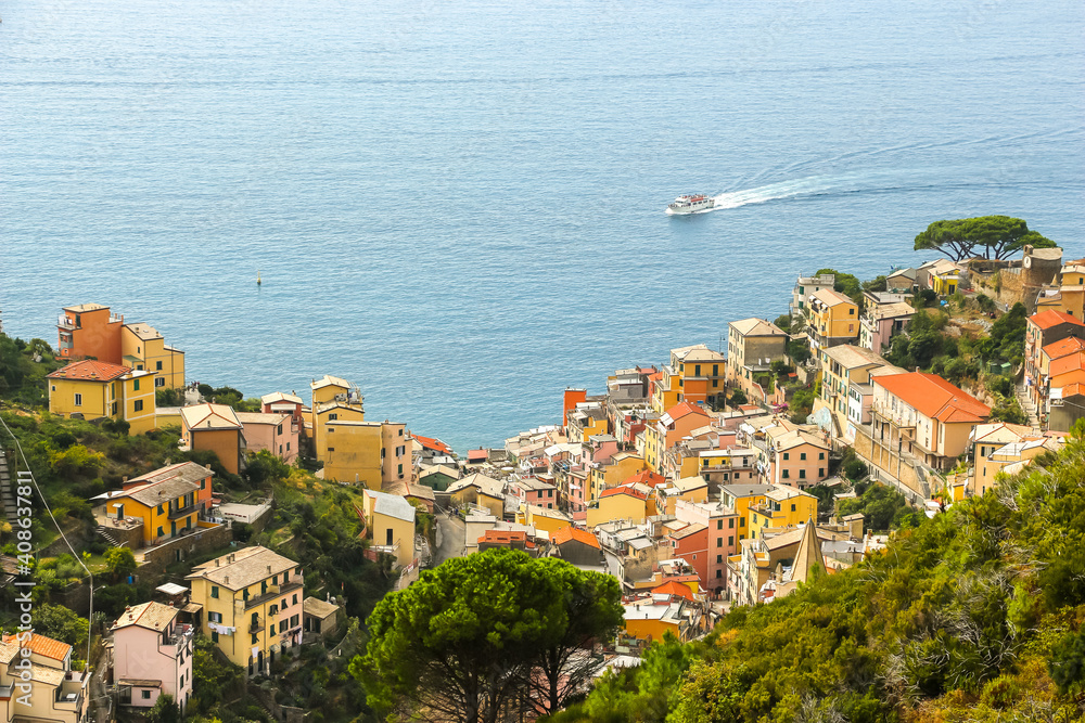 Beautiful view of Riomaggiore, a village in province of La Spezia, Liguria, Italy.