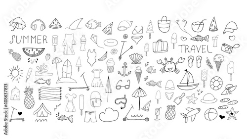 Summer set. Doodle beach elements. Set of summer hand drawn icons on white background. Vector illustration with random elements. Design for prints and cards.