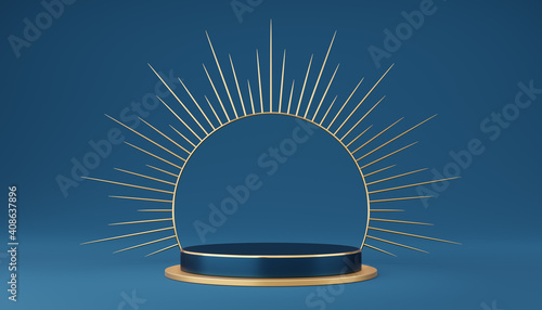 Empty blue cylinder podium with gold border and spiked halo circle on blue background. Abstract minimal studio 3d geometric shape object. Pedestal mockup space for luxury display. 3d rendering.