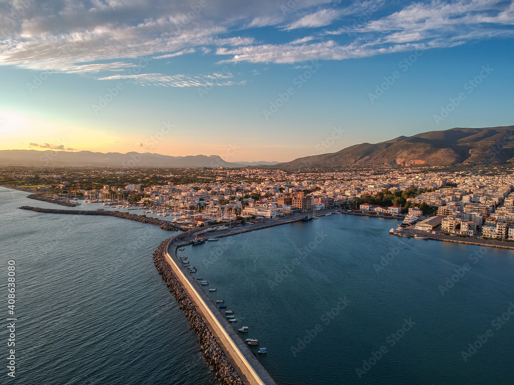 Aerial view over seaside city of Kalamata Messinia, Greece