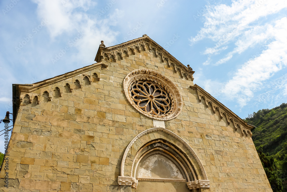 Manarola, Italy. Beautiful architecture of catholic church (Chiesa di San Lorenzo) in Manarola.