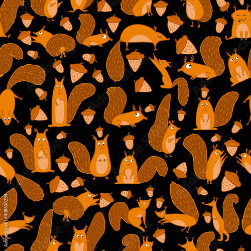 Funny squirrels with nut, seamless pattern