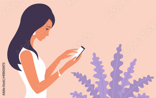 Modern beautiful girl with a smartphone. Indoor plant. The concept of caring for the environment. Vector flat illustration.