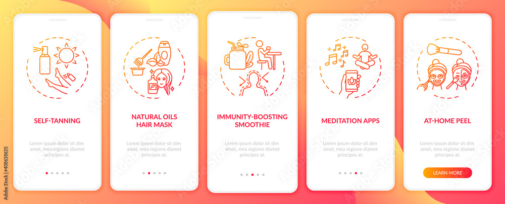 Home beauty treating onboarding mobile app page screen with concepts. Self-tanning, yoga, peel walkthrough 5 steps graphic instructions. UI vector template with RGB color illustrations