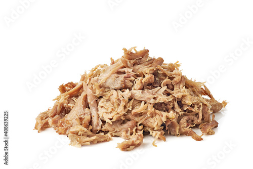 Heap of pulled pork on white background