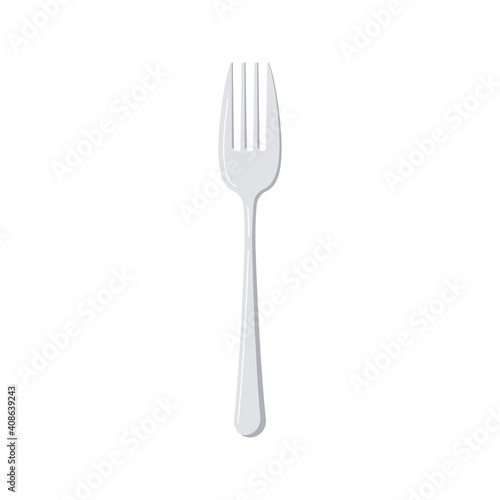 Silver fork icon isolated on white background. Dining cutlery flat design element - chrome fork. Top view silver tableware. Vector cartoon style kitchenware illustration.