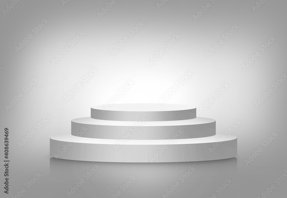 A 3D illustration render of an abstract white round triple podium stage in a blank studio A 3D illustration render of an abstract white round triple podium stage in a blank studio