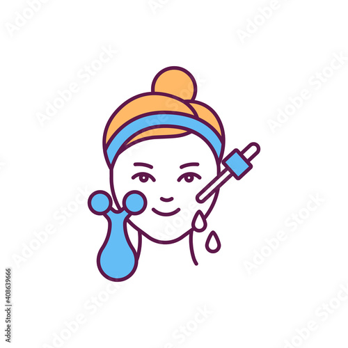 Cosmetic skin treatment RGB color icon. Skin care. Face oil for glowing. Anti-aging tool. Dermaroller. Lightening acne scars. Face moisturizer. Removing age spots. Isolated vector illustration