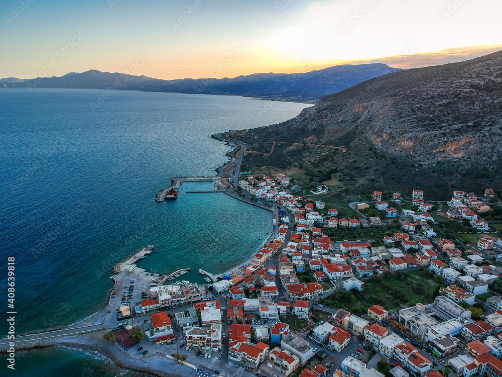 Aerial view over Monemvasia seaside city and the picturesque port in Lakonia, Greece.