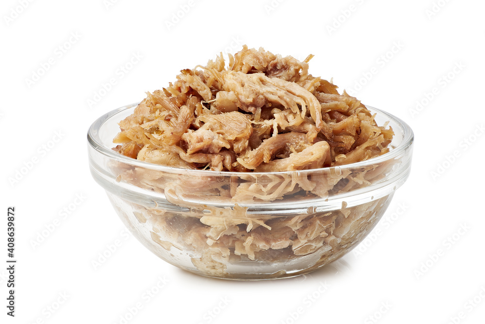 Glass bowl with pulled pork on white Glass bowl with pulled pork on white