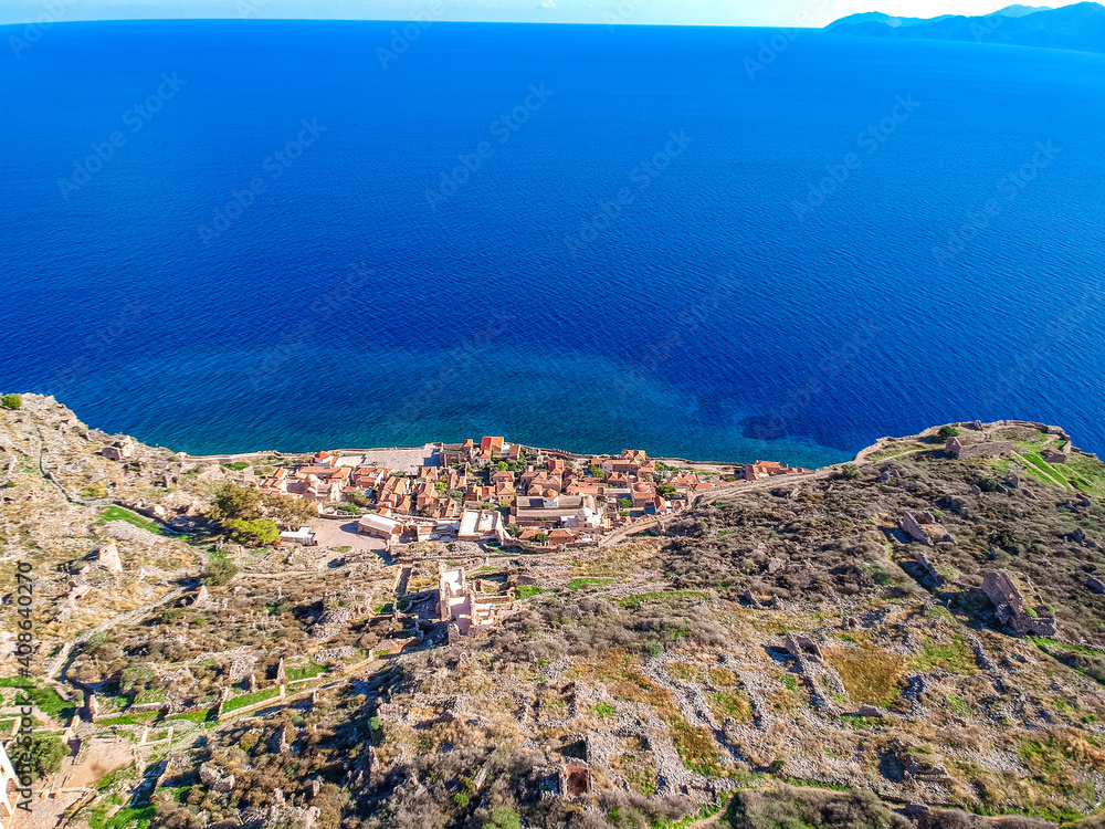 Aerial view of the old medieval castle town of Monemvasia in Lakonia of Peloponnese, Greece. Often called 