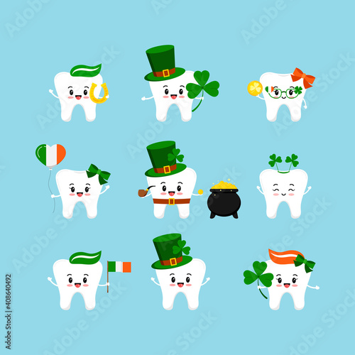 St Patrick day tooth icon set isolated. Dental teeth character with irish photo booth props - pot, flag, horseshoe, clover, pipe, leprechaun hat, shamrock. Flat design cartoon vector kids illustration