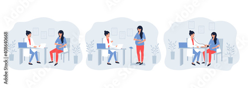 Set another trip to the gynecological office of a pregnant woman. A pregnant woman at the reception of an obstetrician-gynecologist determines her weight, measures the blood pressure. Flat vector.

