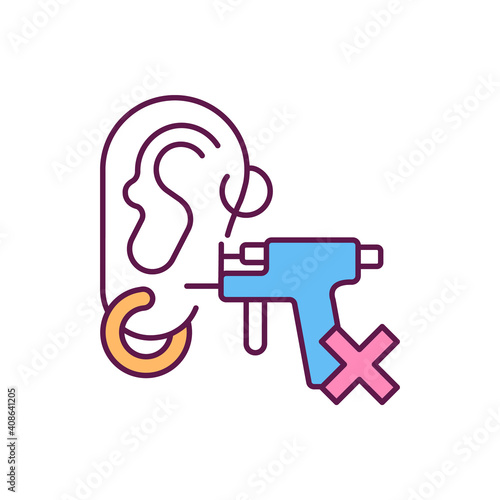 Piercing ears at home RGB color icon. Safe and painless procedure. Health complications preventing. Piercing gun. Body jewelry. Causing serious damage. Skin hygiene. Isolated vector illustration