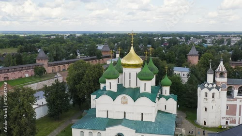 Suzdal, Russia. Flight. The Saviour Monastery of St. Euthymius. Cathedral of the Transfiguration of the Lord in the Spaso-Evfimiev Monastery, Aerial View photo