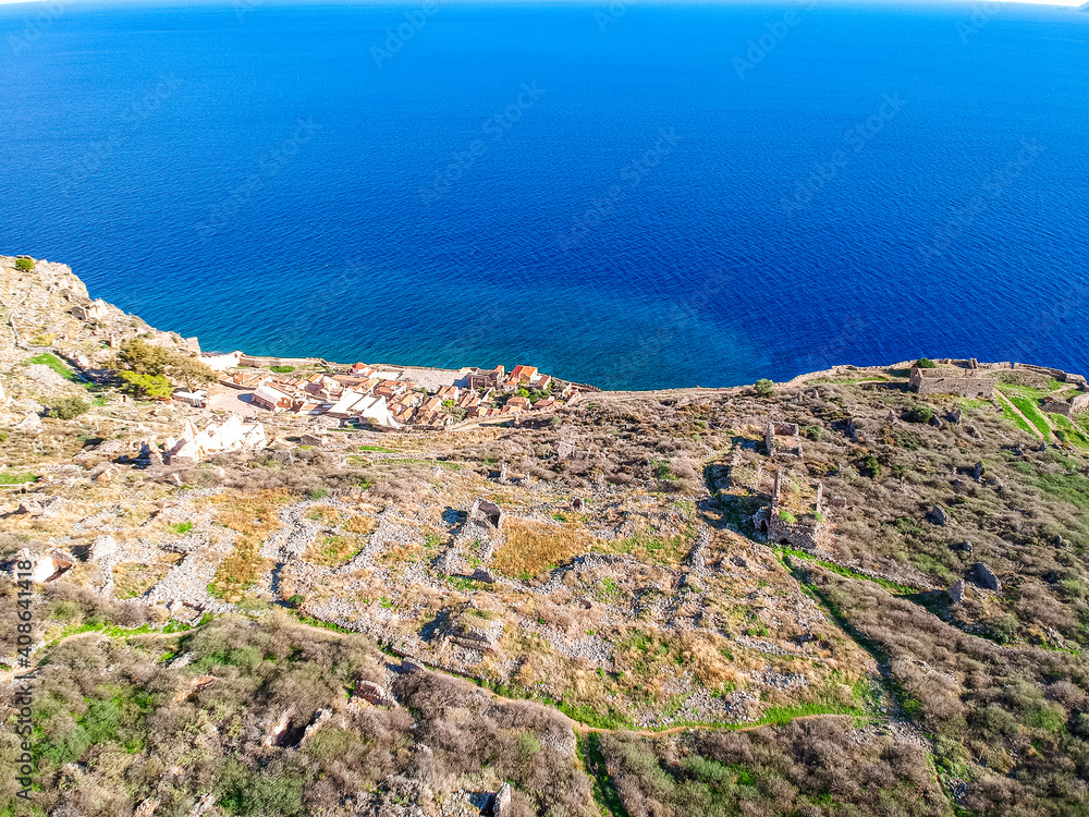 Aerial view of the old medieval castle town of Monemvasia in Lakonia of Peloponnese, Greece. Often called 