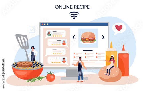 Fast food, burger house online service or platform. Chef cook tasty