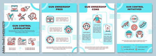 Gun ownership pros and cons brochure template. Control initiatives. Flyer, booklet, leaflet print, cover design with linear icons. Vector layouts for magazines, annual reports, advertising posters
