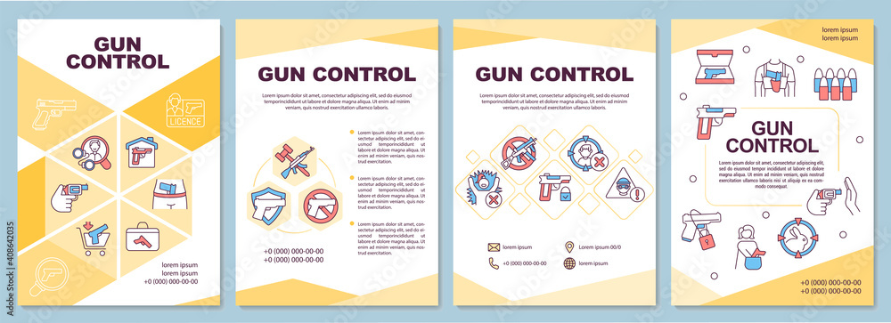 Non state armed groups brochure template. Arms trade regulation. Flyer, booklet, leaflet print, cover design with linear icons. Vector layouts for magazines, annual reports, advertising posters