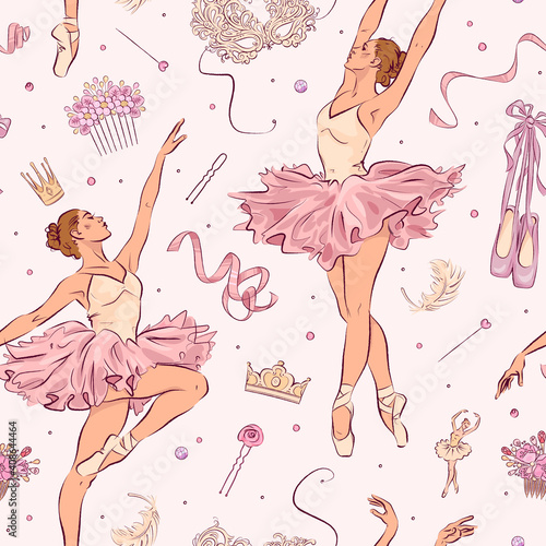 Seamless pattern with hand drawn ballet school elements