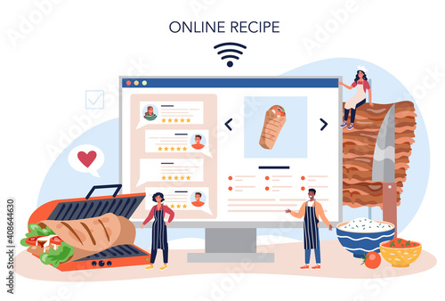 Kebab street food online service or platform. Chef cooking delicious roll