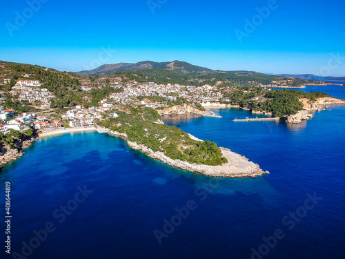Fototapeta Naklejka Na Ścianę i Meble -  Aerial view over Patitiri town in Alonnisos island, Greece