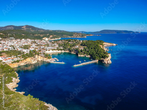 Aerial view over Patitiri town in Alonnisos island, Greece