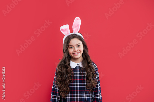 happy easter kid girl wearing ears for bunny hunt in easter holiday, bunny hunt