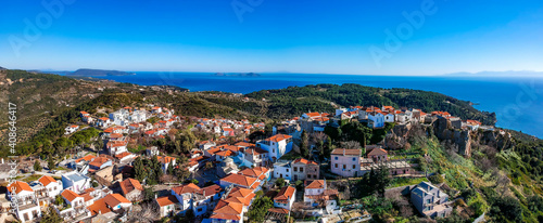 Aerial panoramic view over Chora the beautiful old Village of Alonnisos island  Sporades  Greece