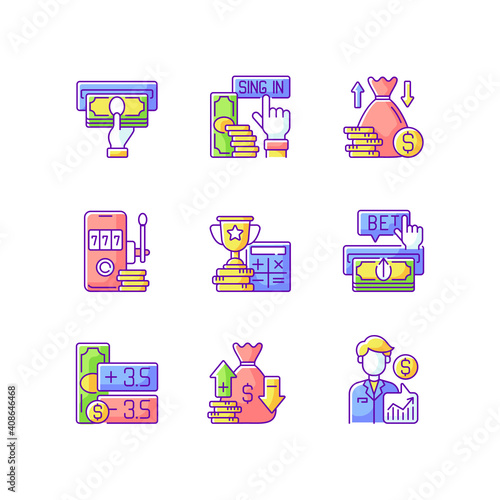 Sporting bets RGB color icons set. Receiving payment. Sign-up bonus. Making money betting on sports. Virtual gambling. Payment method. Point spread. Expert prediction. Isolated vector illustrations photo