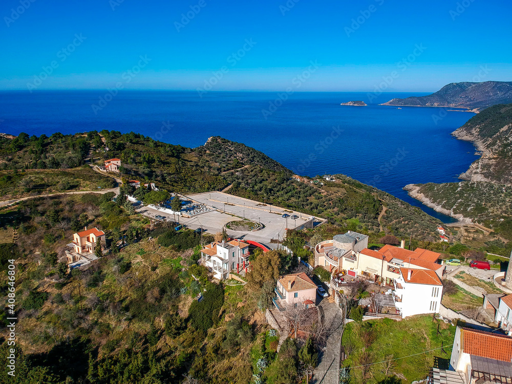 Aerial panoramic view over Chora the beautiful old Village of Alonnisos island, Sporades, Greece