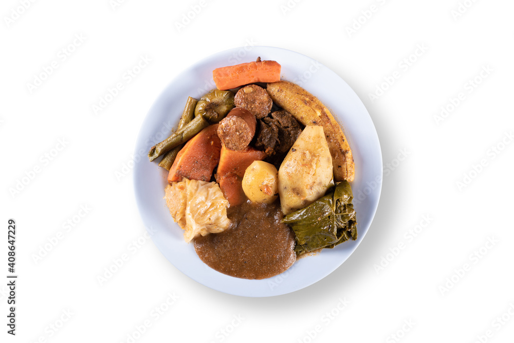 Cozido is a dish of Brazilian food on a white background top view Cozido is a dish of Brazilian food on a white background top view