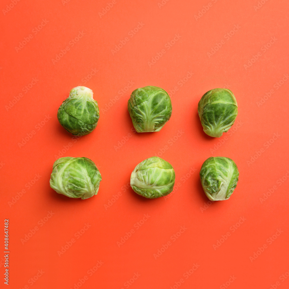 Fototapeta premium Fresh Brussels sprouts on coral background, flat lay