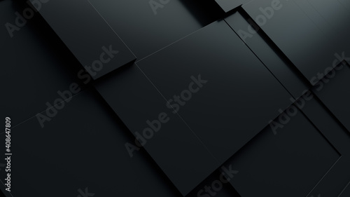 Dark tech background, with a geometric 3D structure. Clean, minimal design with simple black futuristic forms. 3D render photo
