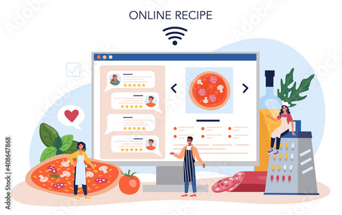Pizza maker online service or platform. Chef cooking tasty delicious pizza.