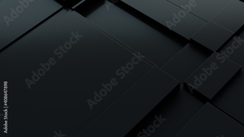 Dark tech background, with a geometric 3D structure. Clean, minimal design with simple black futuristic forms. 3D render photo