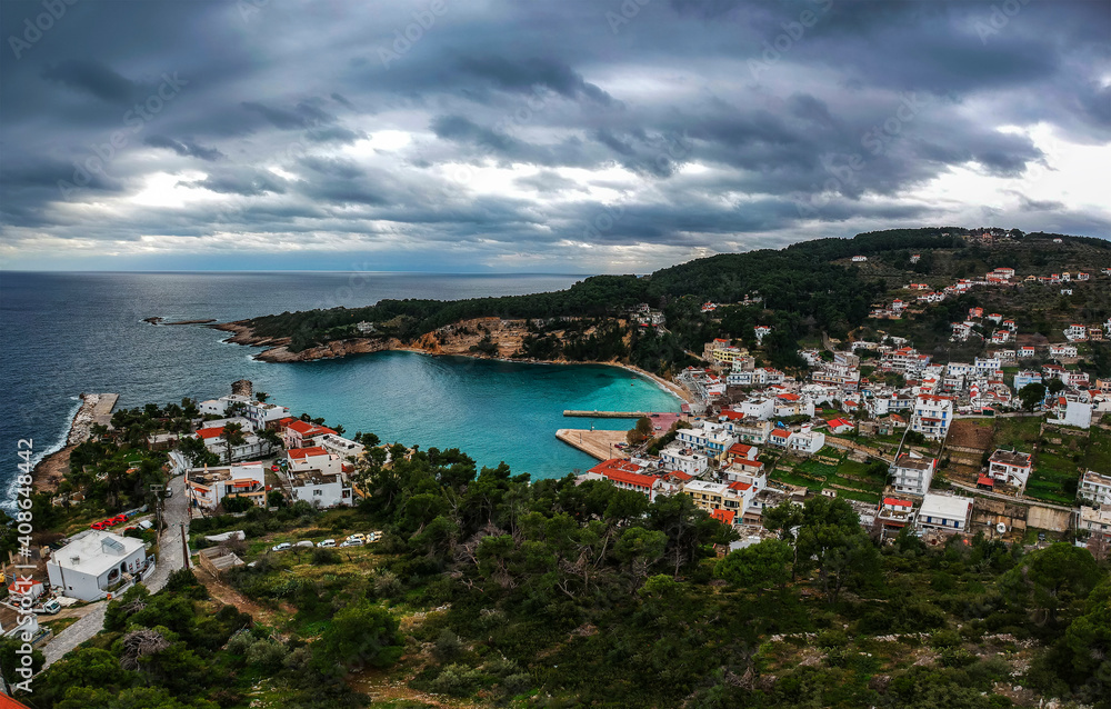 Aerial view over Patitiri town in Alonnisos island, Greece