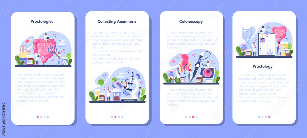 Proctologist mobile application banner set. Doctor examine intestine Proctologist mobile application banner set. Doctor examine intestine
