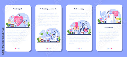 Proctologist mobile application banner set. Doctor examine intestine