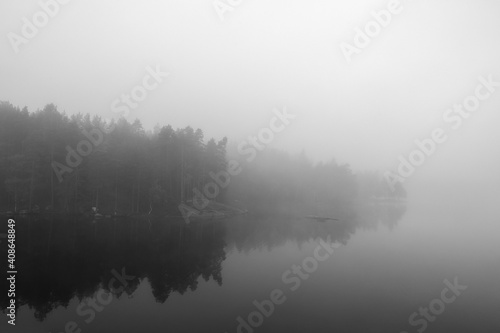 Tranquility and silence in black and white. Landscape scenery on a foggy morning. Image has some noise effect applied.