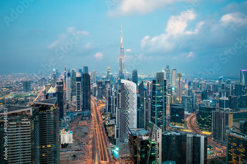 Dubai - amazing city center skyline with luxury skyscrapers and beautiful sky at sunrise  United Arab Emirates 