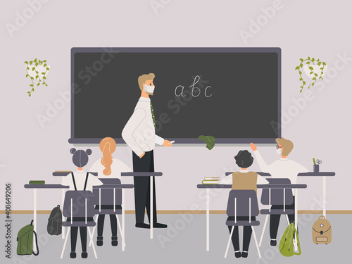 Male teacher of Philology in protective medical mask explaining english letters to elementary school pupils or children near chalkboard.Man teaching language or writing to kids sitting in class.Vector