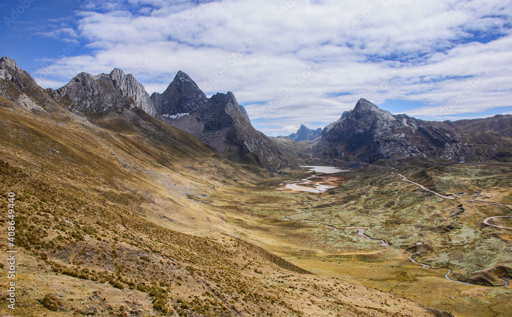 Aerial view of the Quebrada Aguas Calientes and Cancanapunta pass on the Cordillera Huayhuash circuit, Ancash, Peru Aerial view of the Quebrada Aguas Calientes and Cancanapunta pass on the Cordillera Huayhuash circuit, Ancash, Peru