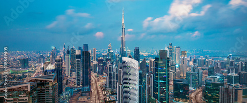 Dubai - amazing city center skyline with luxury skyscrapers and beautiful sky at sunrise, United Arab Emirates 