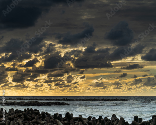 Sea coast landscape with an extraordinary sky.