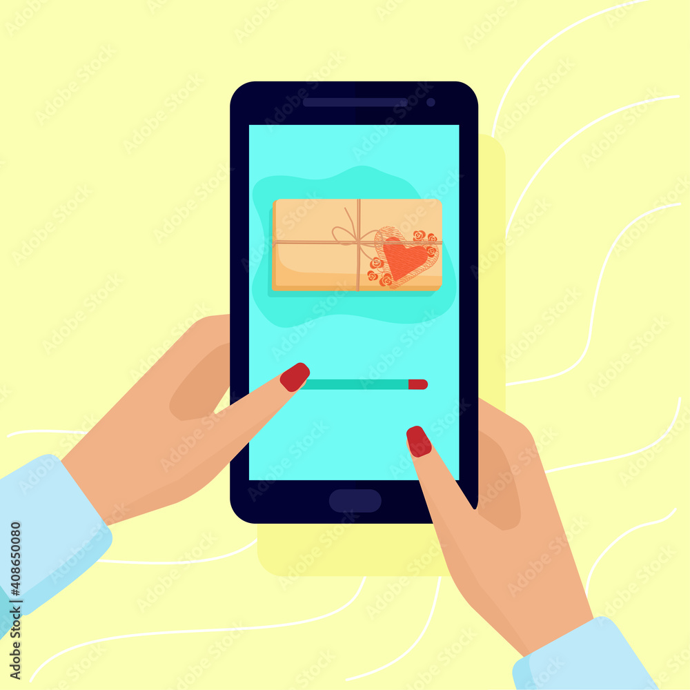 Hands holding a smartphone. Online buying gift to a friend Vector flat illustration. Hands holding a smartphone. Online buying gift to a friend Vector flat illustration.