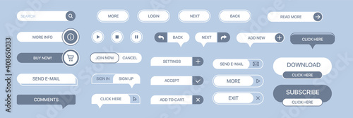 Set of vector buttons for websites, mobile applications. Design elements for website or app. Different gradient colors and icons on white background.