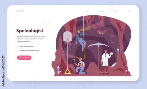 Speleologist web banner or landing page. Scientst exploring